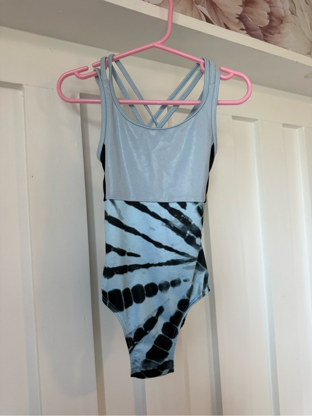 Justice Light Blue and Black Tie-Dye One-Piece Leotard with Crisscross Straps